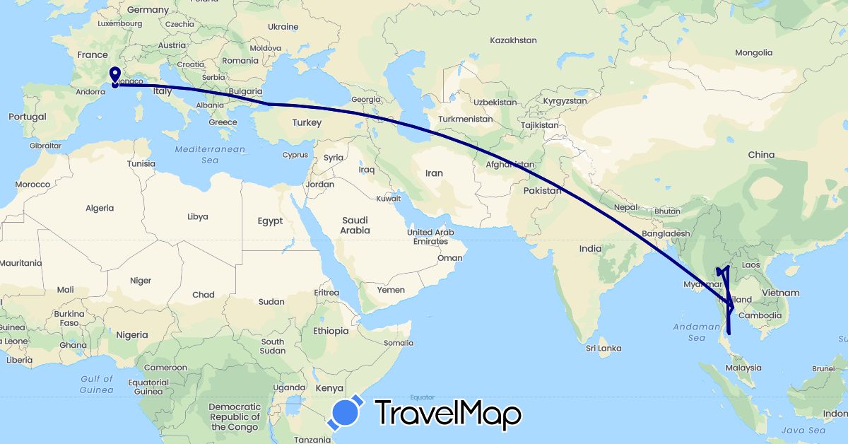 TravelMap itinerary: driving in France, Thailand, Turkey (Asia, Europe)